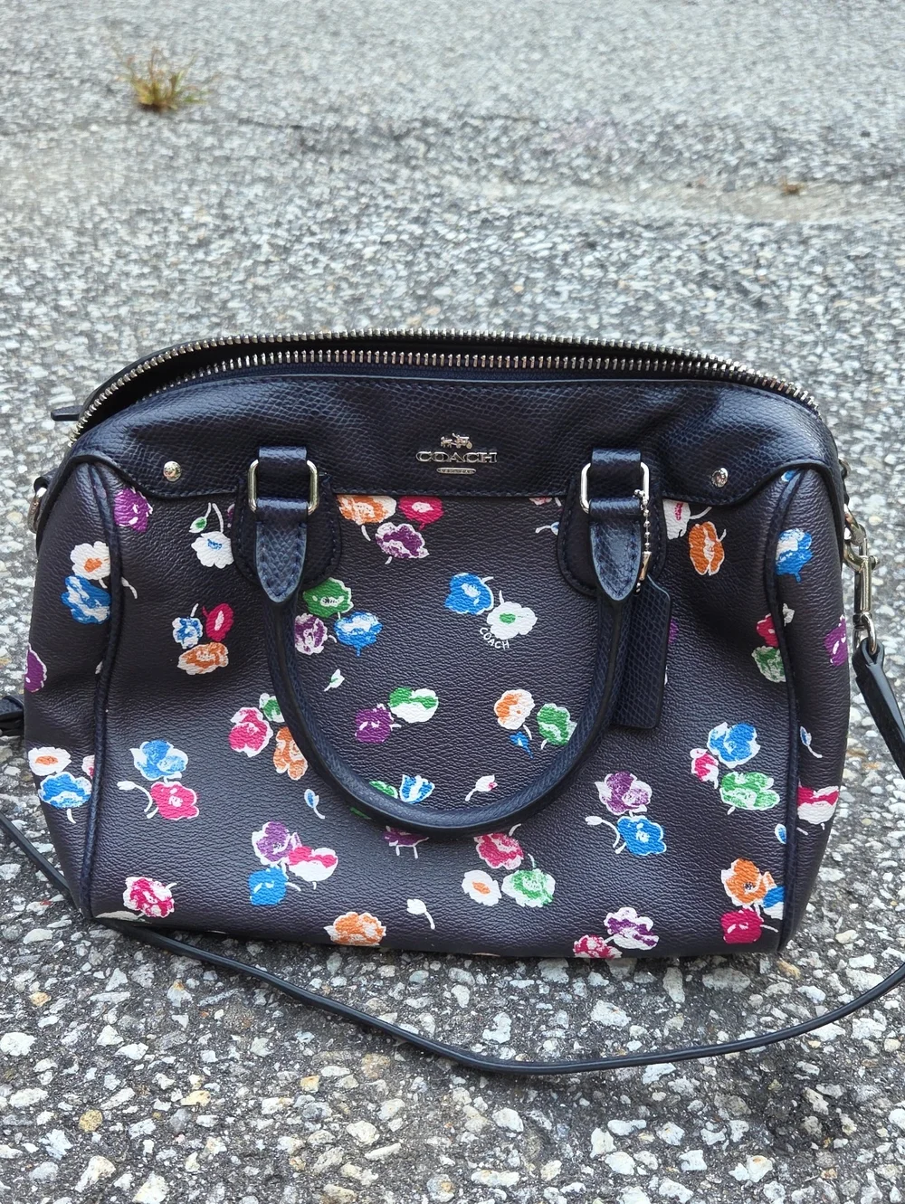 Coach Black Leather Floral Satchel with Multicolor Flowers
